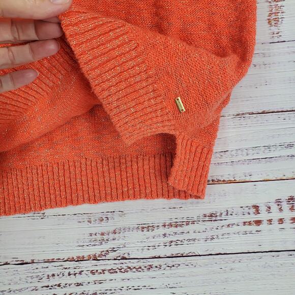 Tommy Hilfiger Stretch Knit Sweater Vibrant Orange w/ Gold Metallic Thred S/P - Picture 6 of 10